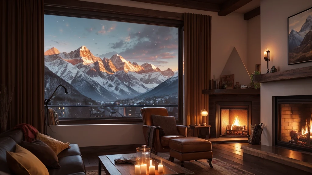 fireplace in a cozy living room with a view of the mountains, a hyperrealistic painting inspired by Evgeny Lushpin, polycount contest winner, digital art, unreal engine ; romantic theme, cozy and peaceful atmosphere, cozy place, cozy setting, cozy home background, cozy and calm, cozy atmospheric, cozy environment, warm beautiful scene, cozy atmosphere