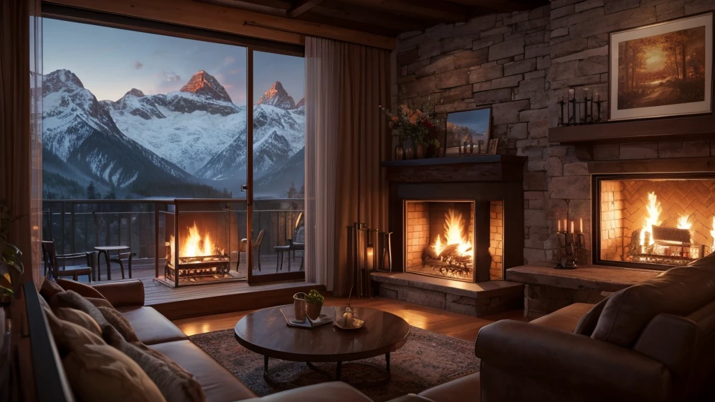 fireplace in a cozy living room with a view of the mountains, a hyperrealistic painting inspired by Evgeny Lushpin, polycount contest winner, digital art, unreal engine ; romantic theme, cozy and peaceful atmosphere, cozy place, cozy setting, cozy home background, cozy and calm, cozy atmospheric, cozy environment, warm beautiful scene, cozy atmosphere