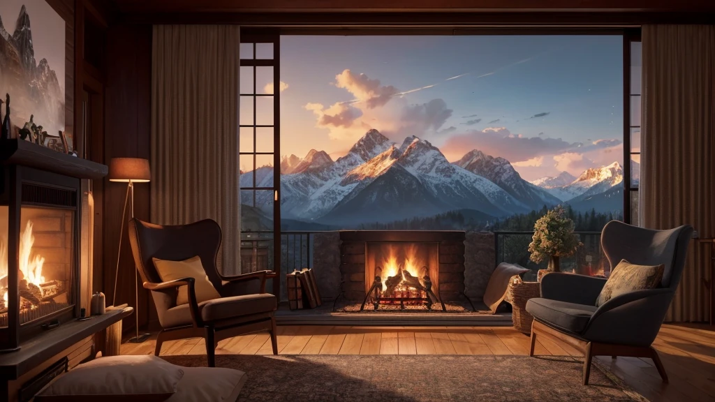 fireplace in a cozy living room with a view of the mountains, a hyperrealistic painting inspired by Evgeny Lushpin, polycount contest winner, digital art, unreal engine ; romantic theme, cozy and peaceful atmosphere, cozy place, cozy setting, cozy home background, cozy and calm, cozy atmospheric, cozy environment, warm beautiful scene, cozy atmosphere