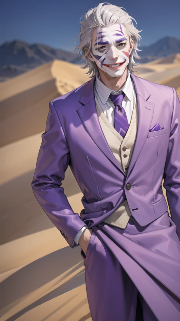 Portrait of a man in his 40s、standing、silver hair、the joker、purple dress , smile , Long body、 、desert background、