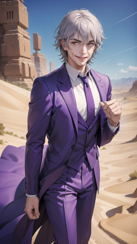 Portrait of a man in his 40s、standing、silver hair、the joker、purple dress , smile , Long body、 、desert background、