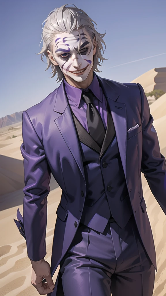 Portrait of a man in his 40s、standing、silver hair、the joker、purple dress , smile , Long body、 、desert background、