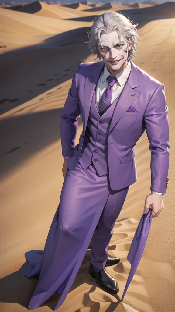 Portrait of a man in his 40s、standing、silver hair、the joker、purple dress , smile , Long body、 、desert background、