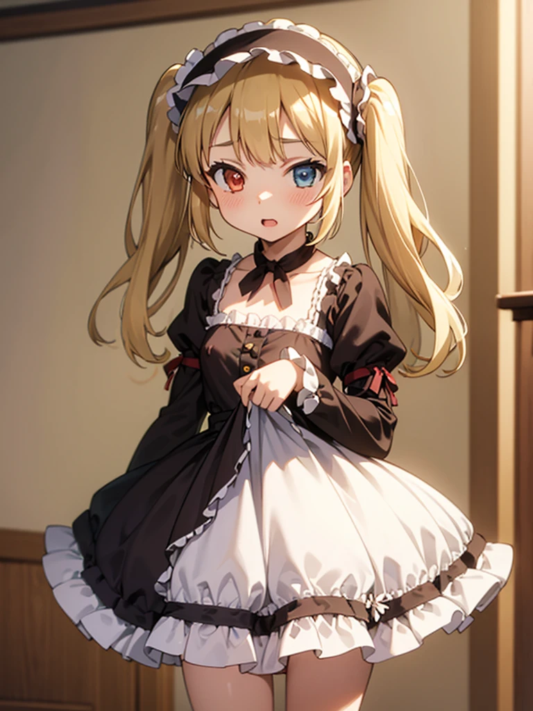 masterpiece, best quality, hasegawa kobato, flat chest, blonde hair, twintails, long hair, heterochromia, 10yo, (petite),
 upper body, dress, lolita hairband, lolita dress, (open clothes), (clothes lift), nipples show off,
 smile, :o, standing, park,