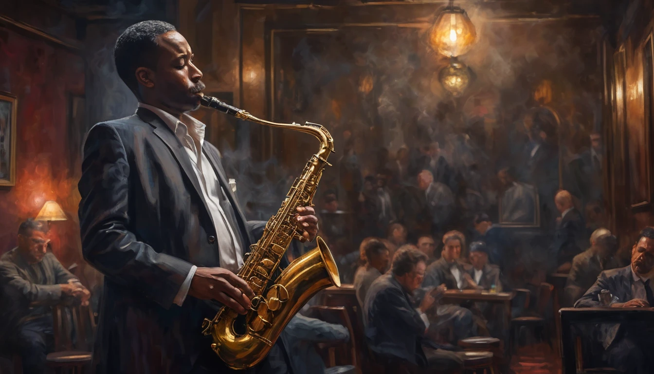 Impressionist painting, a moody scene at a intimate jazzclub, dark and smokey, a sole saxophonist is playing the gig of a lifetime, insane intricate detail, award winning art, raytracing, sharp focus, 8k, hdr, masterpiece, professional, highly detailed, perfect hands