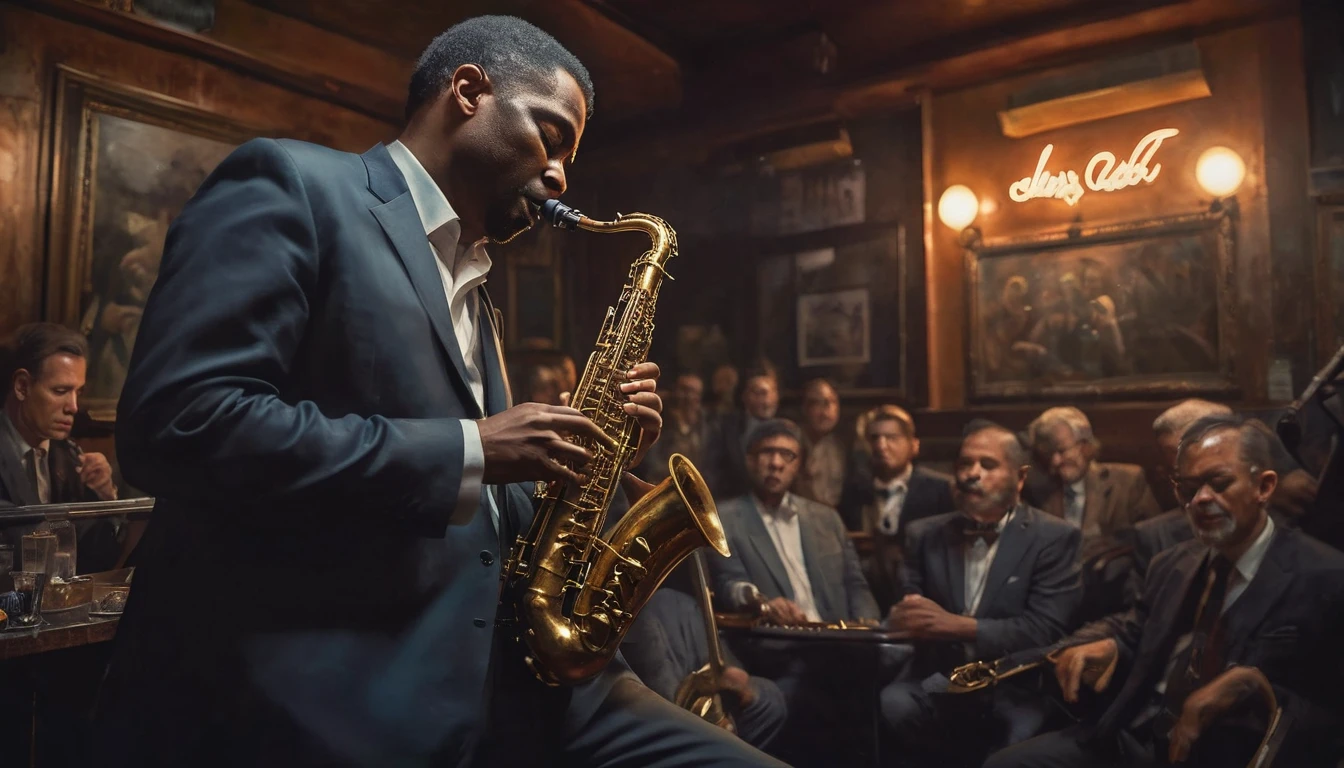 Impressionist painting, a moody scene at a intimate jazzclub, dark and smokey, a sole saxophonist is playing the gig of a lifetime, insane intricate detail, award winning art, raytracing, sharp focus, 8k, hdr, masterpiece, professional, highly detailed, perfect hands