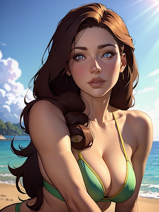 Close-up of a woman with long hair and a sweater, cabelo castanho encaracolado, linda modelo, retrato de alta qualidade, medium portrait bright light beach style, parece a jovem liv tyler, retrato colorido, linda mulher, cabelo loiro cacheado | d & d, beautiful portrait lighting, uma linda jovem, modelo muito lindo, Retrato de 50mm, medium - long curly brown hair wearing a bikini.