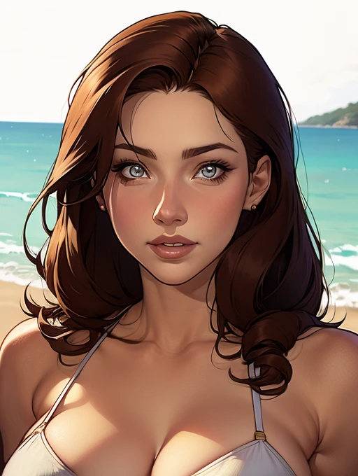 Close-up of a woman with long hair and a sweater, cabelo castanho encaracolado, linda modelo, retrato de alta qualidade, medium portrait bright light beach style, parece a jovem liv tyler, retrato colorido, linda mulher, cabelo loiro cacheado | d & d, beautiful portrait lighting, uma linda jovem, modelo muito lindo, Retrato de 50mm, medium - long curly brown hair wearing a bikini.