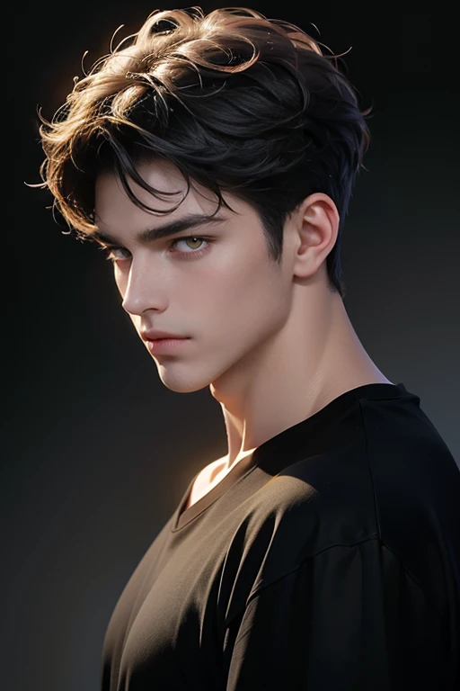 masterpiece, best quality, realistic 8K, one mature male, 25 years old, extremely detailed face, ((yellow eyes)), ((short black perm hair covering all forehead)), Extremely delicate and stern face ((cold look)), ((sharp eyes)), 21st century, (whole portrait), dark grey color background, red hair, albino boy, black hair, handsome, simple black v-neck t-shirt, bubbling hair, sexy, dark atmosphere, a faint smile, Decadent beauty, bright yellow eyes, masculine, wear only black v-neck t-shirt, model face, attractive, side view, side face, no lighting