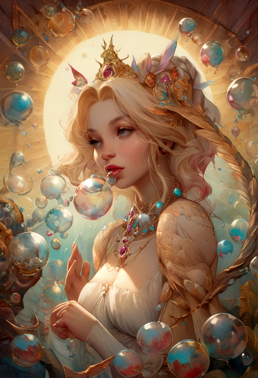 A painting of a woman in a dress blowing bubbles, Barbaric and Wow, Mysterious Bubbles, Moebius + Barbaric + Wow, Dreamy details, intricate Wow, A close-up fantasy using the magic of water, fairy tale artwork, Fairy tale painting, Anna Dittmann style, Wow art, Realistic fantasy painting, Artgerm Julie Bell Beeple