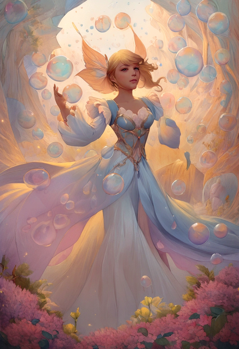 A painting of a woman in a dress blowing bubbles, Barbaric and Wow, Mysterious Bubbles, Moebius + Barbaric + Wow, Dreamy details, intricate Wow, A close-up fantasy using the magic of water, fairy tale artwork, Fairy tale painting, Anna Dittmann style, Wow art, Realistic fantasy painting, Artgerm Julie Bell Beeple