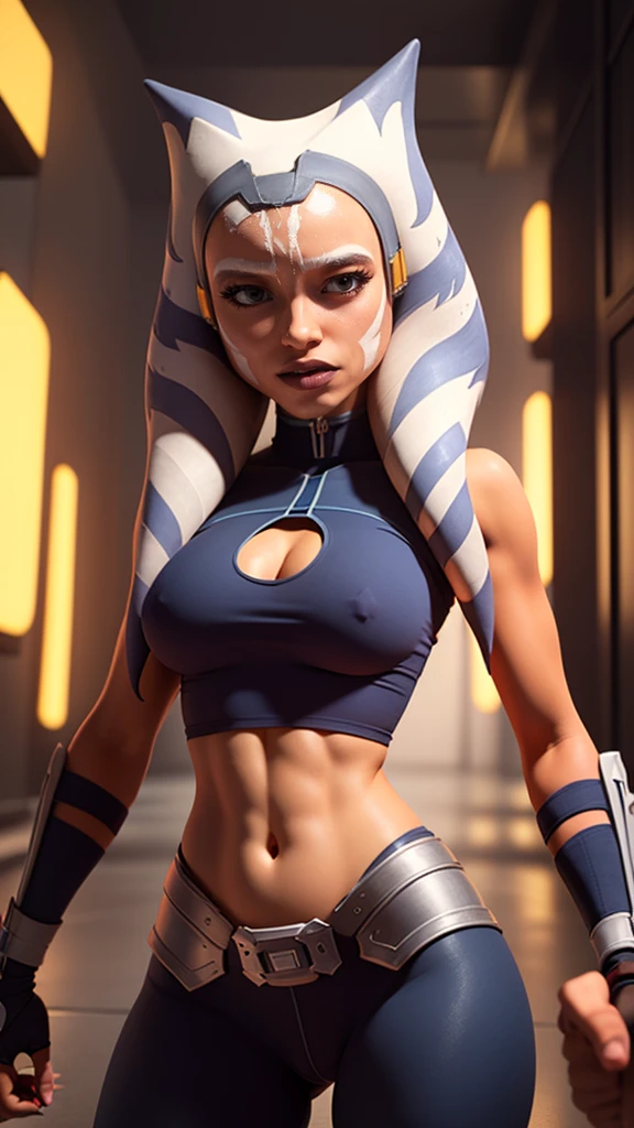  (Full portrait body:1.2), perfect woman figure, flirting, (masterpiece, best quality, ultra-detailed), (background battle, droids, robots, star wars,, night, war, battle), extremely detailed eyes, Ahsoka Tano, shining skin, blue eyes, makeup, (blue crop top), blue shirt, vambraces, fingerless gloves, ideal body, out fit top, perfect anatomy, long legs, perfect hips, blue leggings,big breast ,large perfect chest, A top with a cutout on the chest, Fighting stance, good hands, Smooth fingers on the hands, she holds a knife in his hand, sexy