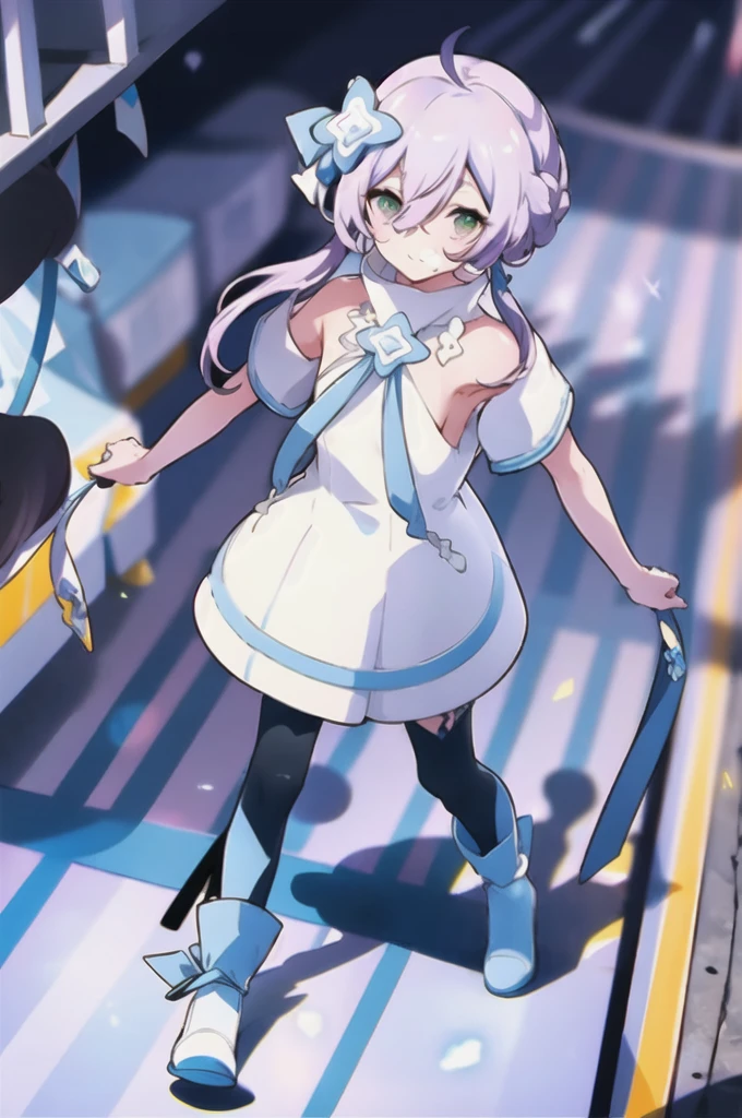 ((masterpiece)), (One girl:1.2), alone,  White knee socks,   White turtleneck dress, walk, (From above:1.3), Green Eyes, (Purple eyes, Green Eyes, Variegated eyes,:1.1) ,View Viewer, Mouth closed, 
White Hair Band, Cat ear,  (Purple eyes:1.0), Very long hair, Gray purple hair, Happy, hair ornaments, Chest jewels, 
High detail, Open Court, White shoes, , Blue coat, White shoes, Blue ankle garters, deadlock, Blue ankle garters, White thigh-high boots, whole body, (Put your arms behind your back:1.2),