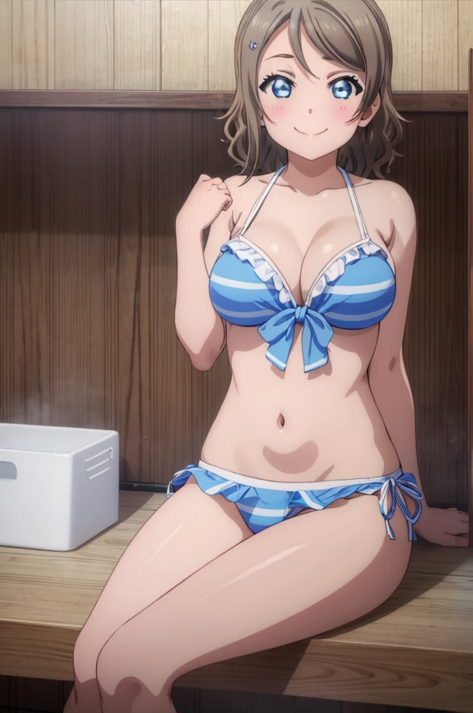 (((pixel-perfect, detail-perfect))), solo, 1girl, you watanabe, eyes azzur, smile, bikini, sauna, big filesize, ultra High Qality