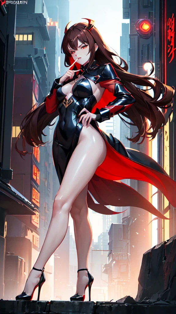 Name: Kirisumi
Element: Umbranox
Description: A skilled assassin and member of the Umbra Witches. With her Umbranox abilities, she can manipulate darkness and shadows to her advantage.
Prompt: ((((Mysterious woman, 3/4 view, dark brown hair, crimson red eyes, pale skin, slender build, long coat, black dress, high heels)), (deep shadows:0.8), (background: cityscape at night, neon lights:0.6), (sleek legs), (pose: ready to strike), (intense gaze), (flickering streetlights:0.5), (darkness enfolding her:0.7), (cool, calm expression), (hands at sides), (quiet confidence))((fix finger-hand))