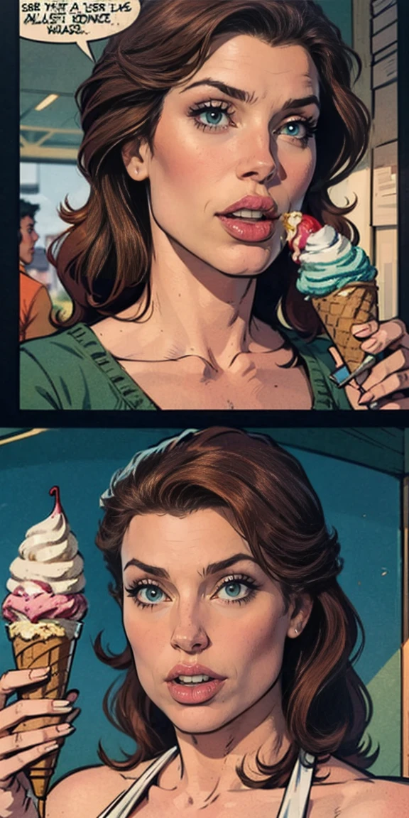 Anna is a sexy woman in her 30s, He has brown hair and green eyes having an ice cream, comiendo