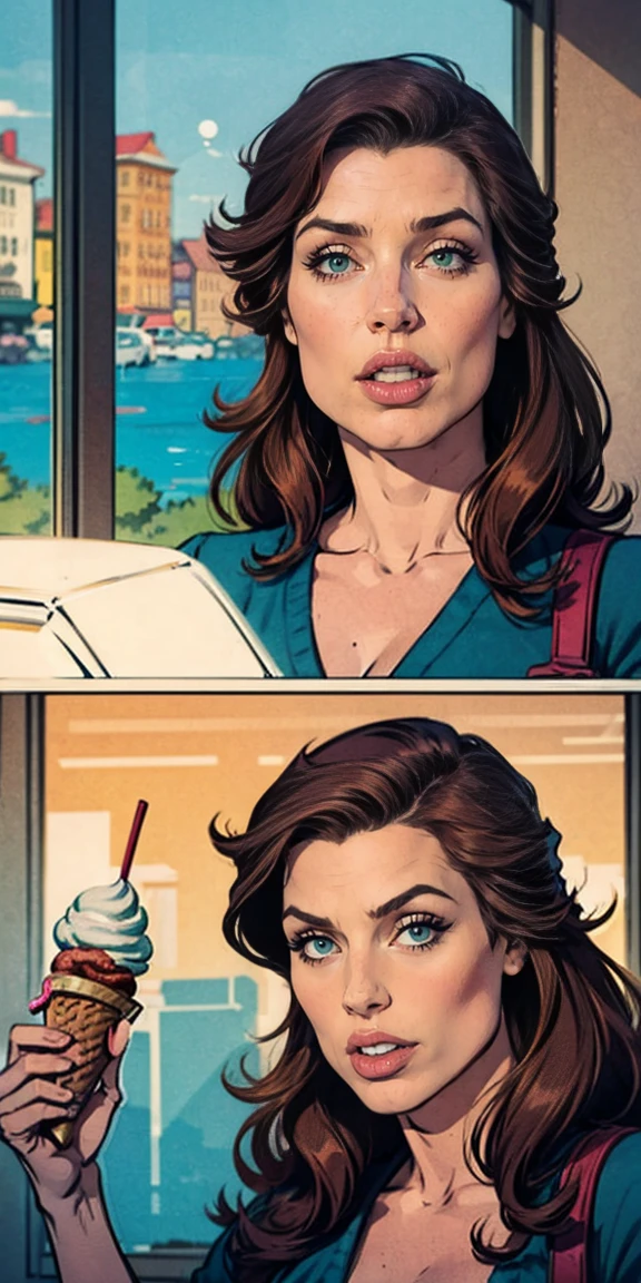 Anna is a sexy woman in her 30s, He has brown hair and green eyes having an ice cream, comiendo