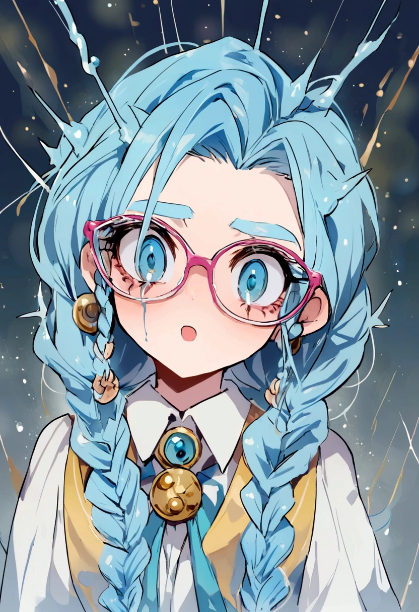 2d, masterpiece, best quality, anime, highly detailed face, highly detailed eyes, highly detailed background, perfect lighting, 1girl, solo, standing, massive breast,round glasses,sad, crying, Heterochromia
