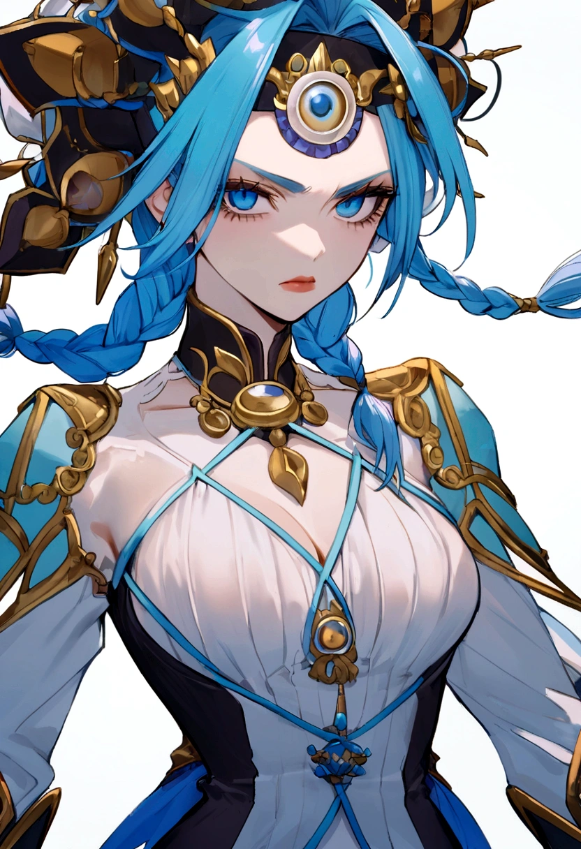 Jinx com olhos de raiva,She has big blue hair with braids 