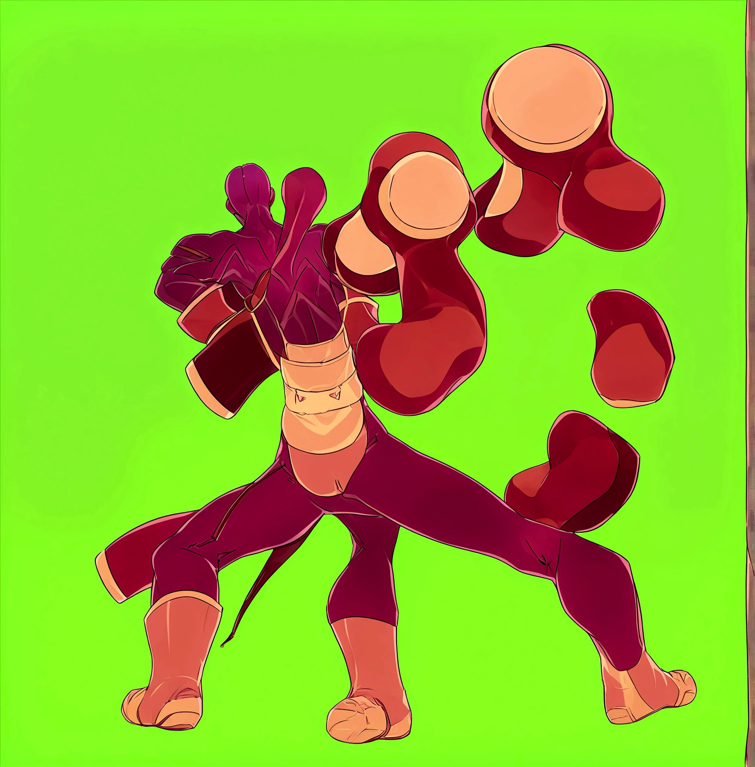 Create a movie poster inspired by Tomohiro Suzuki's "One-Punch Man" style, featuring hero with red uniform yellow boots and gloves holding a hammer with green background back turned to the camera