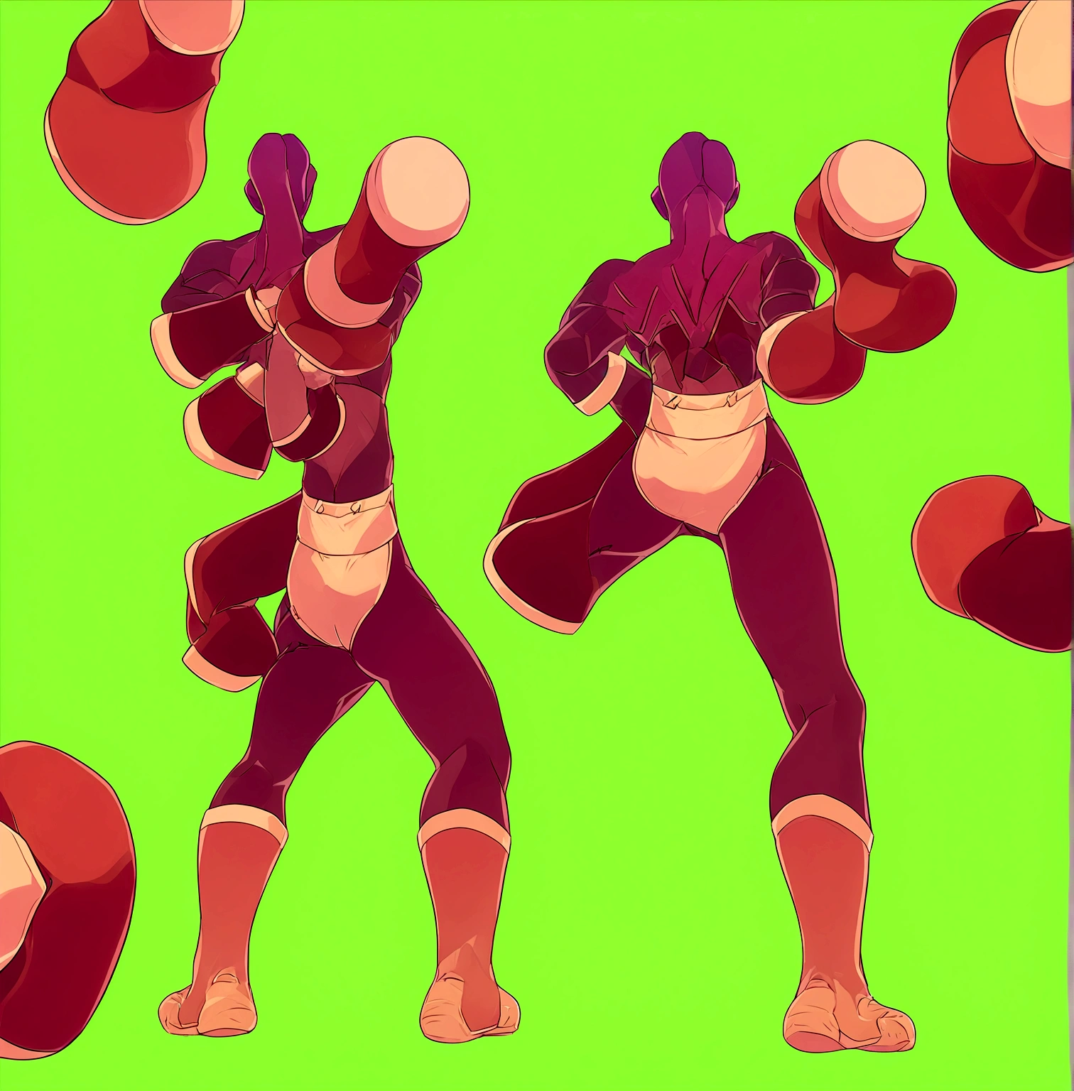 Create a movie poster inspired by Tomohiro Suzuki's "One-Punch Man" style, featuring hero with red uniform yellow boots and gloves holding a hammer with green background back turned to the camera
