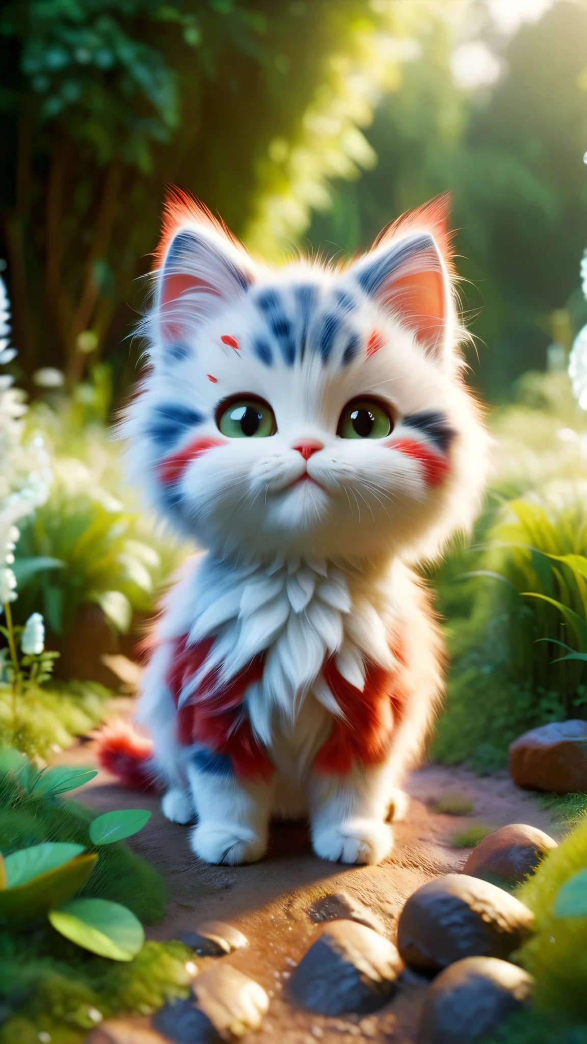 ral-fluff,chibi,masterpiece,best quality,original,official art,1cat,red scarf,grass,blurred background,cartoon rendering,beautiful detailed glow,(detailed ice),beautiful detailed water,and I want the Disney Pixar style in a white background painted by watercolor 3DAnimationStyle,