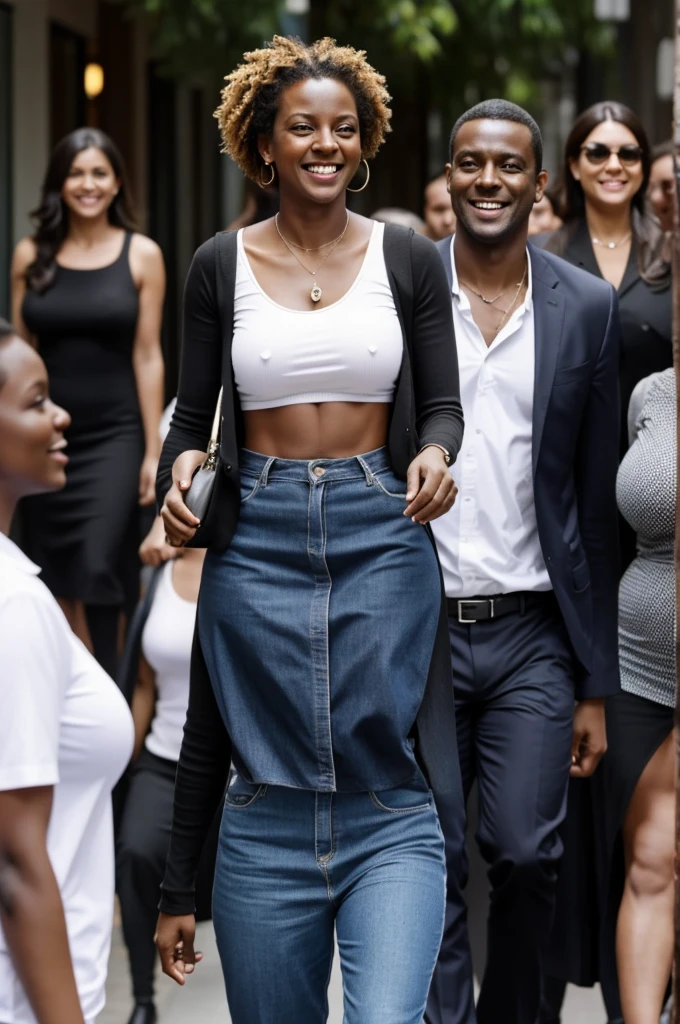 A 160 centimeter tall, bad-looking, dark-skinned man walks past a group of white women around him who are laughing at him. 