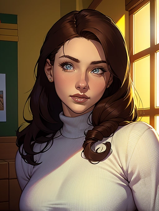 Close-up of a woman with long hair and a sweater, cabelo castanho encaracolado, linda modelo, retrato de alta qualidade, medium portrait bright light beach style, parece a jovem liv tyler, retrato colorido, linda mulher, cabelo loiro cacheado | d & d, beautiful portrait lighting, uma linda jovem, modelo muito lindo, Retrato de 50mm, medium - long curly brown hair wearing police uniform from the state of Rio Grande do Sul Brazil .