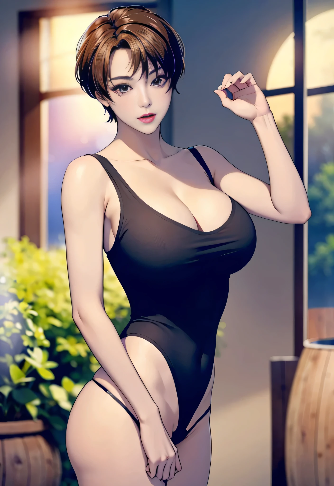 (8k, RAW Photos, highest quality, masterpiece:1.2)、(Realistically, Photo Real:1.4)、Awareness-raising、High resolution、Hexagon、(One girl)、solo、Brown Hair、Short Hair、Gorgeous、 Glowing Skin、(Oval Face:1.1)、Professional Lighting、Photon Mapping、Radio City、Physically Based Rendering、good looking、Cool femininity、black thong、muscle、thong only、Naked whole body、Big Breasts、cleavage、A woman with very large breasts、Sexy pose、