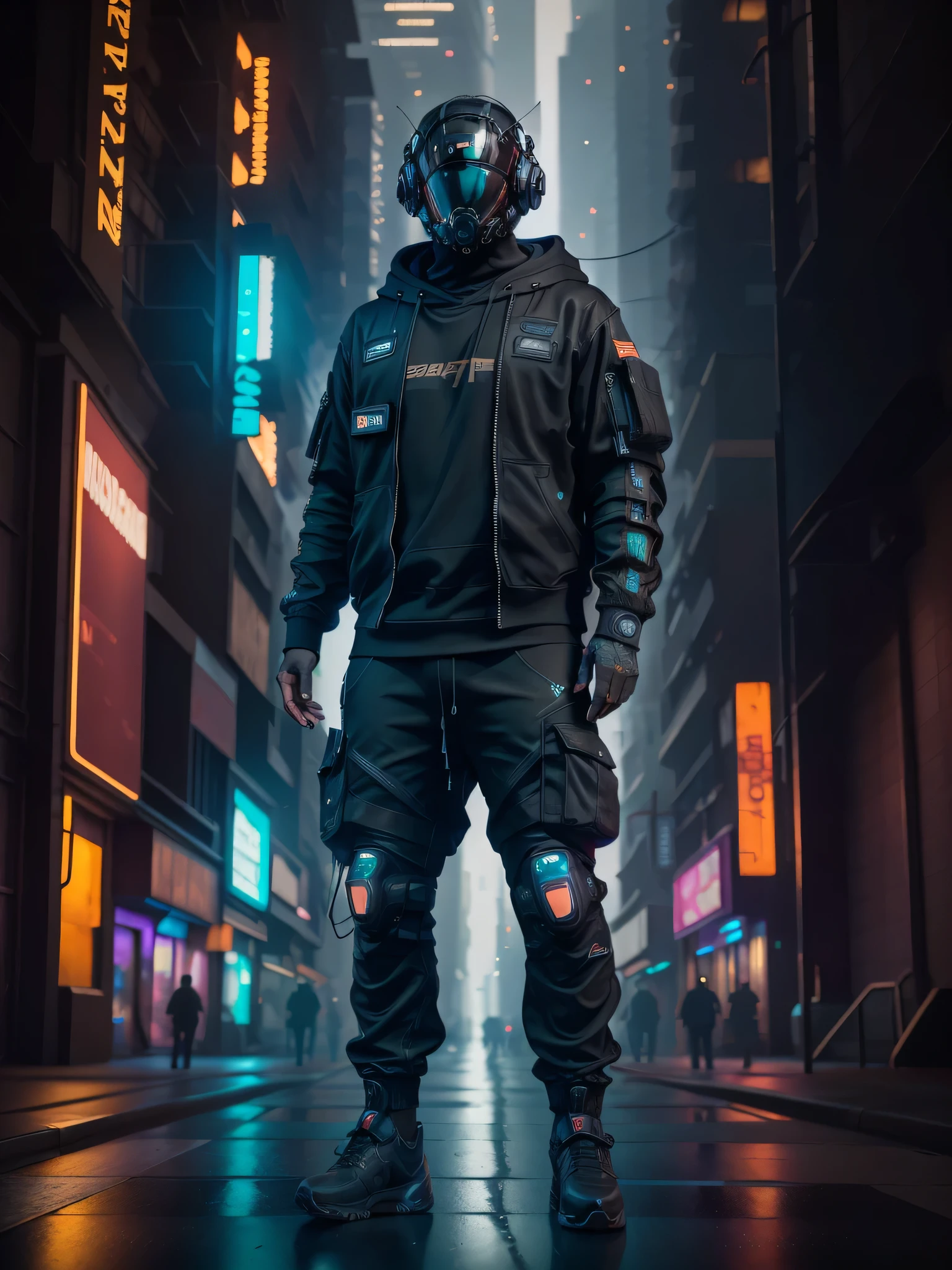 (masterpiece, full body shot, intricate raw photography) Cyberpunk citizen, comfortable oversize black hoodie, black cargo pants, black clothes, dark, wearing a black helmet hitech style Astronaut, intricate, futuristic, advanced technology, dark environment, dramatic, light and shadow, cinematic, action movie, sharpness, random relaxed position, Cyberpunk City, street lights, dark street, night, Insta photo, photo of the year, octane render, substance, Maya 3D, cinema4D, ArtStation Trending, Devian Art Trend,