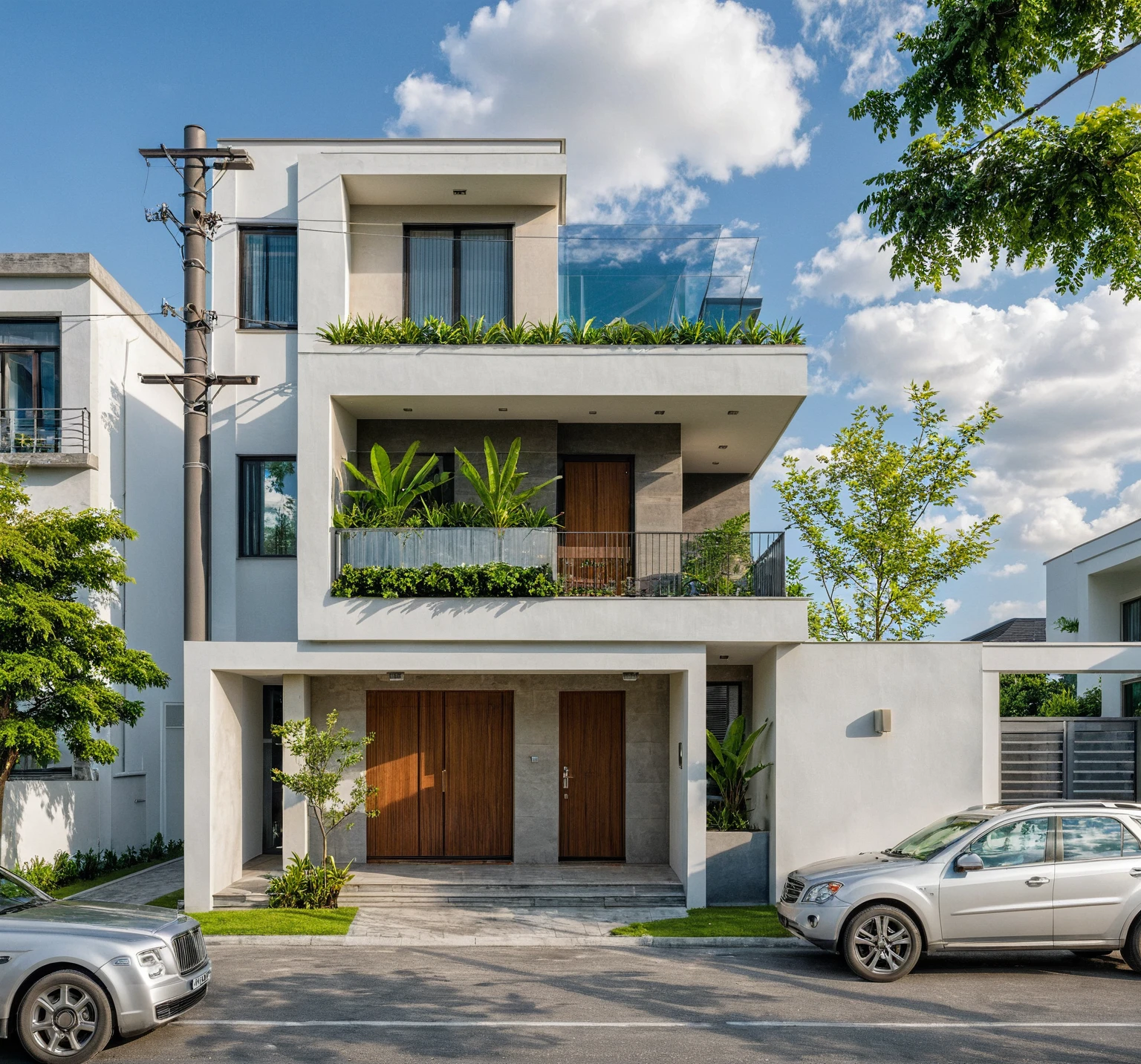 Masterpiece, high quality, best quality, authentic, realistic scene, super detail, outdoors, house on the street, white wall, electric power pole, glass window, steel gate, road, pavement, grass, trees, sky, cloud, car (daylight:1.1)