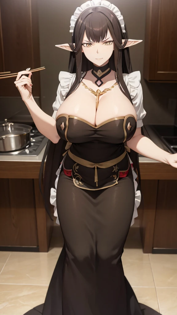 semiramis, (Mother:1.5), (Mature Woman:1.5), (absurderes, 8K, 4K, masutepiece, hyper extreme detailed:1.2), Best Quality, Perfect Anatomy, Perfect face, Facing forward, High humidity, (Very big boobs:1.3), Browsing Caution, smile,dress, Looking down on, sadistic, joy, Fearless smile, kitchen, (apron:1.3), (Sharp Eyes:1.2), Cooking, Holding chopsticks, croquette