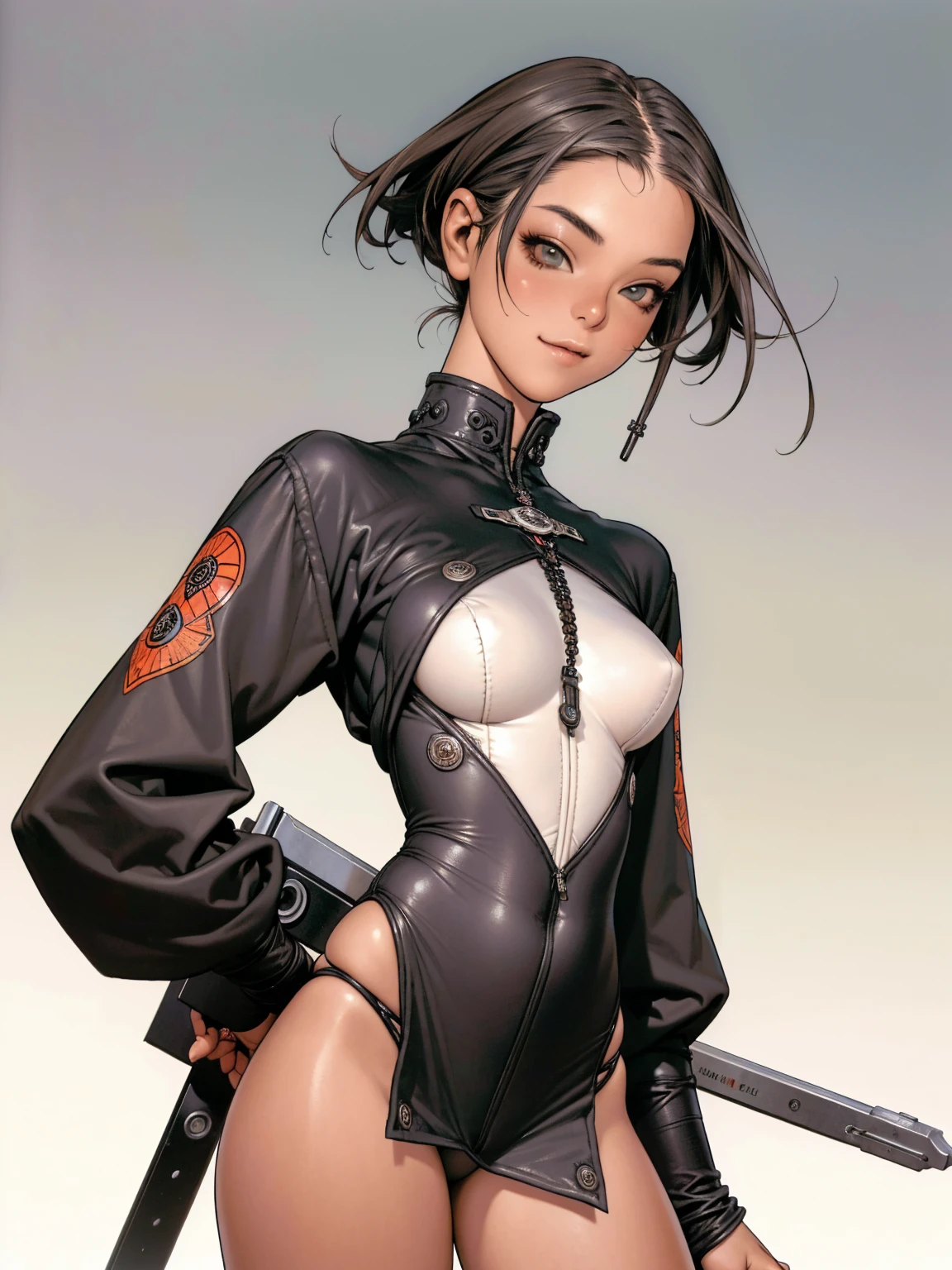 (((devilish smile))), (((melhor qualidade: 1.4))), (((full metal))), (((DuneWalker))), (((post-apocalypse))), (Unbeatable masterpiece), (hiper HD),(CG 8k hiper-realista), 1Garota armada em um mundo futurista, (((dunewalker))), (((Bob haircut style))), Coronel Motoko, modern clothes with macrostructure composing her slender body with perfect proportions, hexagonal patterns, cabelo colorido, cyberpunk de atitude, pose ativa, mecanismos vivos, fundo parede grafitada, ((( girl))), (((melhor qualidade: 1.4))), (((short haircut))), (Unbeatable masterpiece), (hiper HD),(CG 8k hiper-realista), (((seios grandes))), (((hiper feminina))), sexy girl, black tattoo,(cabelo de cor escura) ((( corpo))), (((1 garota))), garota tatuada de 25 anos com corpo perfeito,,Rosto lindo e bem cuidado,muscular corpo:1.2,solid color detailed jacket, (Head to thigh photos), Equipamento complexo, verde escuro,long pants,Tight clothes are dark,With white stars and off-white stripes,,,,,Armor Metal Electronic Parts, Tatuagens de veneno ) INFO, garota, (((Sozinho))), pirralha Violento, (((14 a sexy, pose de atitude, obra de arte, post-apocalypse, (((manga style))), Bounty Hunter, Violento, Manic, cara de mau, corpo esguio, magra mas forte, corpo perfeito, roupa moderna, Advanced technology, Pleated mini skirt with checkered pattern in red and black, jaqueta tipo gola de pele, sleeves with vertical striped pattern, fundo neutro, (( tiro de vaqueiro )). visual intrincado