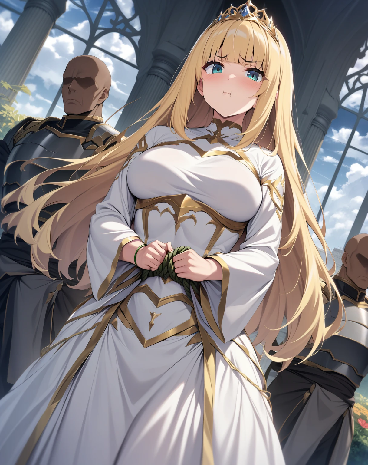 {{upper body, dutch angle}} {{Artist: moisture_(chichi)}} 1 woman, 2 guards on either side restraining her, 2 men wearing armor, mature female, elegant, princess, medium breasts, straight hair, golden hair, long hair, hime cut, green eyes, white dress, gold trim, tiara, looking at viewer, pout, restrained by two men, faceless male, outdoors, garden, palace, cloudy, moonlight, window.

