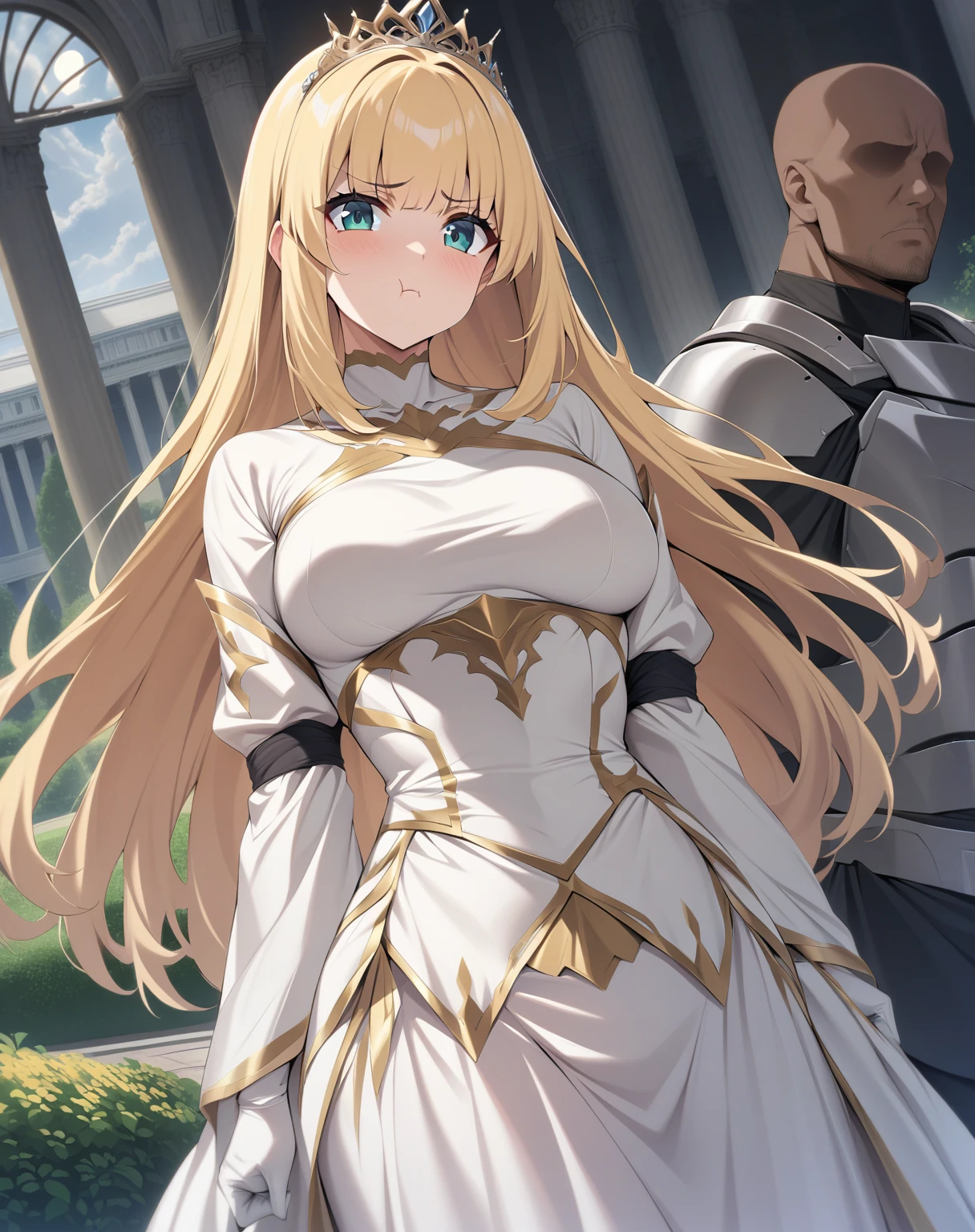 {{upper body, dutch angle}} {{Artist: moisture_(chichi)}} 1 woman, 2 guards on either side restraining her, 2 men wearing armor, mature female, elegant, princess, medium breasts, straight hair, golden hair, long hair, hime cut, green eyes, white dress, gold trim, tiara, looking at viewer, pout, restrained by two men, faceless male, outdoors, garden, palace, cloudy, moonlight, window.