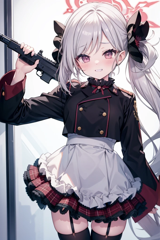 Asahi Mutsuki、Good looking girl (blush, Perfect Face), independent , Looking into the camera, masterpiece, Anime art style, Cute Characters, Most detailed, high quality、Nico Nico Smile、Silver Hair、Side Ponytail、Small breasts、Lolita、Combat Uniform、gunを持っている、gun