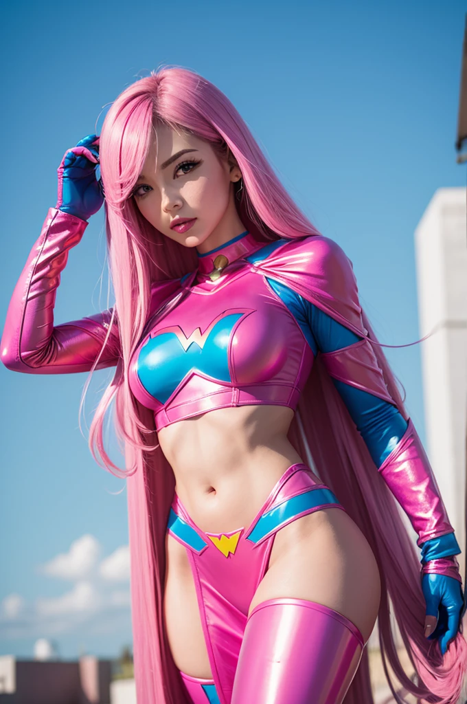 A candy superheroine in a pink candy world