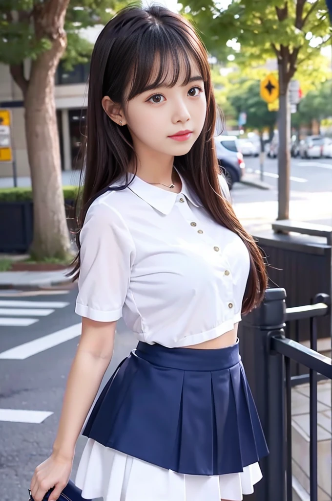 ((Haruka Kaki,Super beautiful girl,Highest quality, 8k,Real Photo, masterpiece:1.3))(Schoolgirl uniform,Angle viewed from below,Her cute panties are completely visible on her lower body:1.5),slender,long hair,One person,Black Hair,１７Year old girl:1.3,Highly detailed face and skin texture,Front body orientation:1.3. Fine grain,Full body, double eyelid, Whitening skin,smile:1.2,Golden Ratio,Both eyes are equal in size,Streetscape.