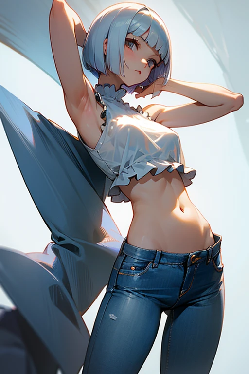 Sleeveless shirt、Frills、See-through、beautiful girl、jeans、White Bob Cut、Belly button、Accentuated breasts、The side of the chest is visible from the side、Armpits visible through the gaps in clothes、