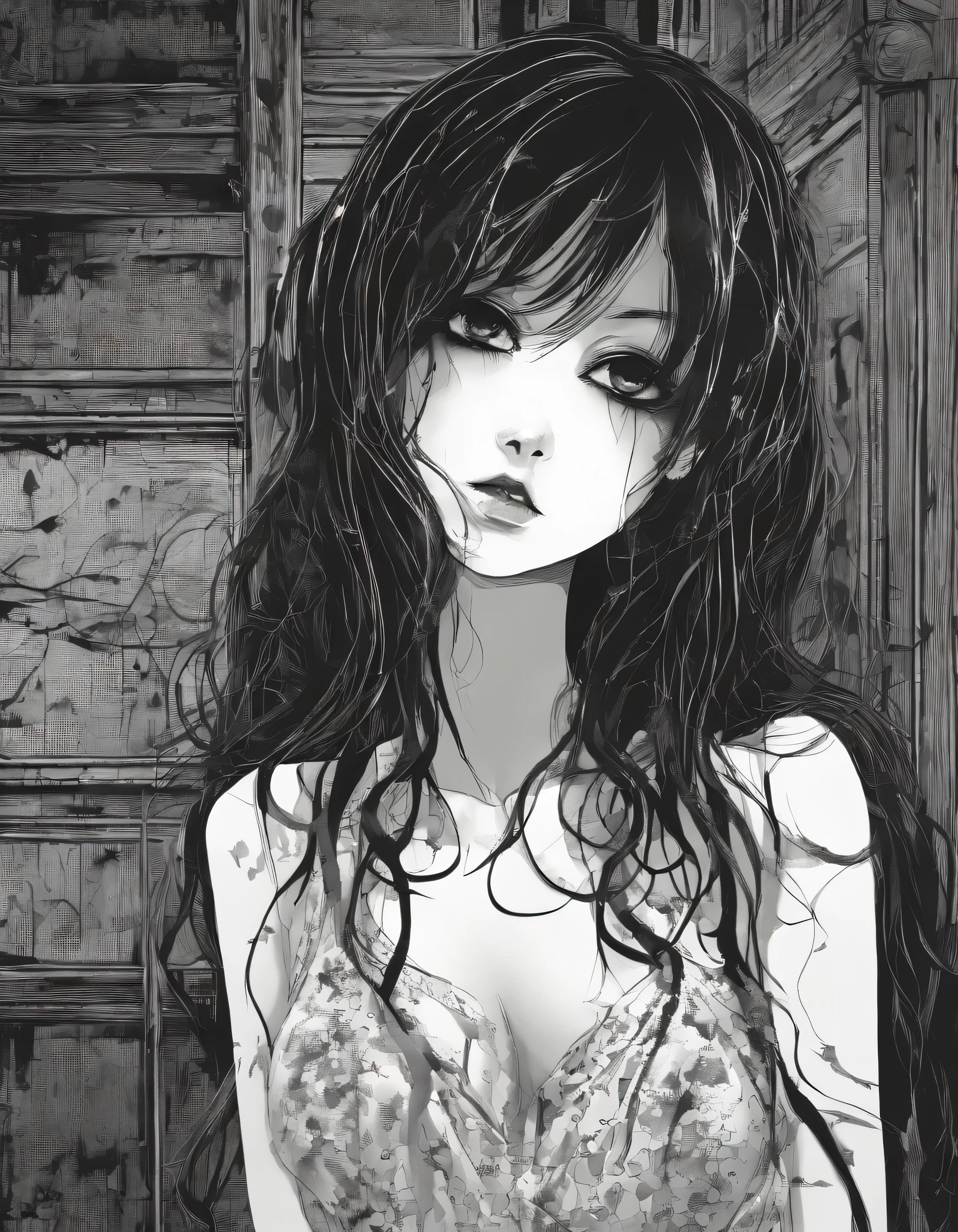 Realistic face extreme close up detailed eerie looking lady with elongated untamed black hair , having a detailed creepy eyes with scary expression holding her face with her wornout dirty hand having dripping blood and a worn out tattered dress in the a twisted background eerie background of a abandoned wooden room with eerie detailed surroundings