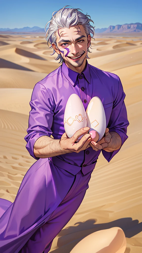 Portrait of a man in his 40s、standing、silver hair、the joker、purple dress , smile , Long body、 、desert background、(holding eggs:1.1) , run away