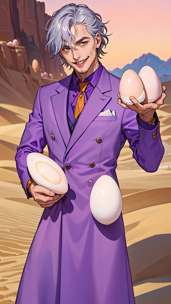 Portrait of a man in his 40s、standing、silver hair、the joker、purple dress , smile , Long body、 、desert background、(holding eggs:1.5)