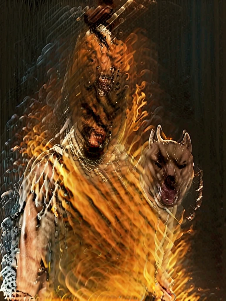 A muscular samurai warrior with the head of a pitbull, a noite, pose imponente