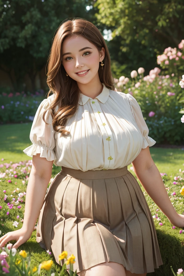 23 year old woman in a garden, huge bust, curvy, plump, cute blouse, pleated skirt, kind smile, flowing brown hair, soft lighting, green grass, delicate flowers, playful pose, bright colors, portrait,modern artistic style, big 