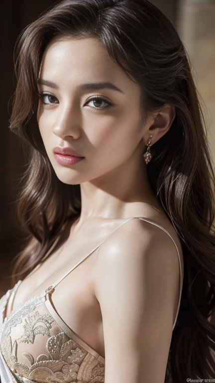 Absurd, ultra-detailed, high quality, masterpiece, detailed face, beautiful eyes(detailed eyes), Greek mythology, Goddess, Hera , the queen of the gods, striking and captivating, features are classically beautiful, with high cheekbones, a perfectly proportioned face, eyes depicted as large and captivating, hold an intense gaze, dark brown hair , hair is luxuriant and flowing, cascading down her back in waves , (small breasts:1.2), wearing elegant robes adorned with intricate patterns , Her beauty is not merely superficial but embodies the essence of power, authority, and regality.