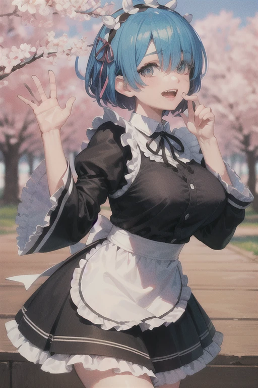 masterpiece, highest quality, Super detailed, Sparkling, Shining Light, Ray Tracing, High resolutionR, Depth of written boundary, (Perfect Face, Detailed face, Fine grain,Perfect hands),(Big Breasts:1.2),8k,High resolution,Ultra-realistic face,Ray Tracing,Perfect lighting,highest quality, Super detailed, Shining Eyes, (View Viewer,Laughing with your mouth open:1.1), ((One girl)), (Mature Woman:1.4),Cowboy Shot,Thighs,
Rem,short hair,((Gradient Hair)),Variegated eyes, Gradient Eyes, (Glowing Eyes:1.3), mascara, (Fashion Makeup), Lips parted,hair ornaments,Long sleeve, dress, ribbon, hair ribbon, flower,Frills, Removable sleeves,Wide sleeves, Hair on one eye,apron, black dress, Maid, Maid headdress, black ribbon, neck ribbon, Upper teeth only,frilled dress, x hair ornaments, Frills袖, waist apron, white apron, pink ribbon,roswaal mansion Maid uniform,
((middle of the School, School's yard, cherry blossomsの木, cherry blossoms, School)),(Complex background, There are many elements to the background:1.2),((Highly detailed background)), Dynamic pose, ((8k wallpaper)) ,
