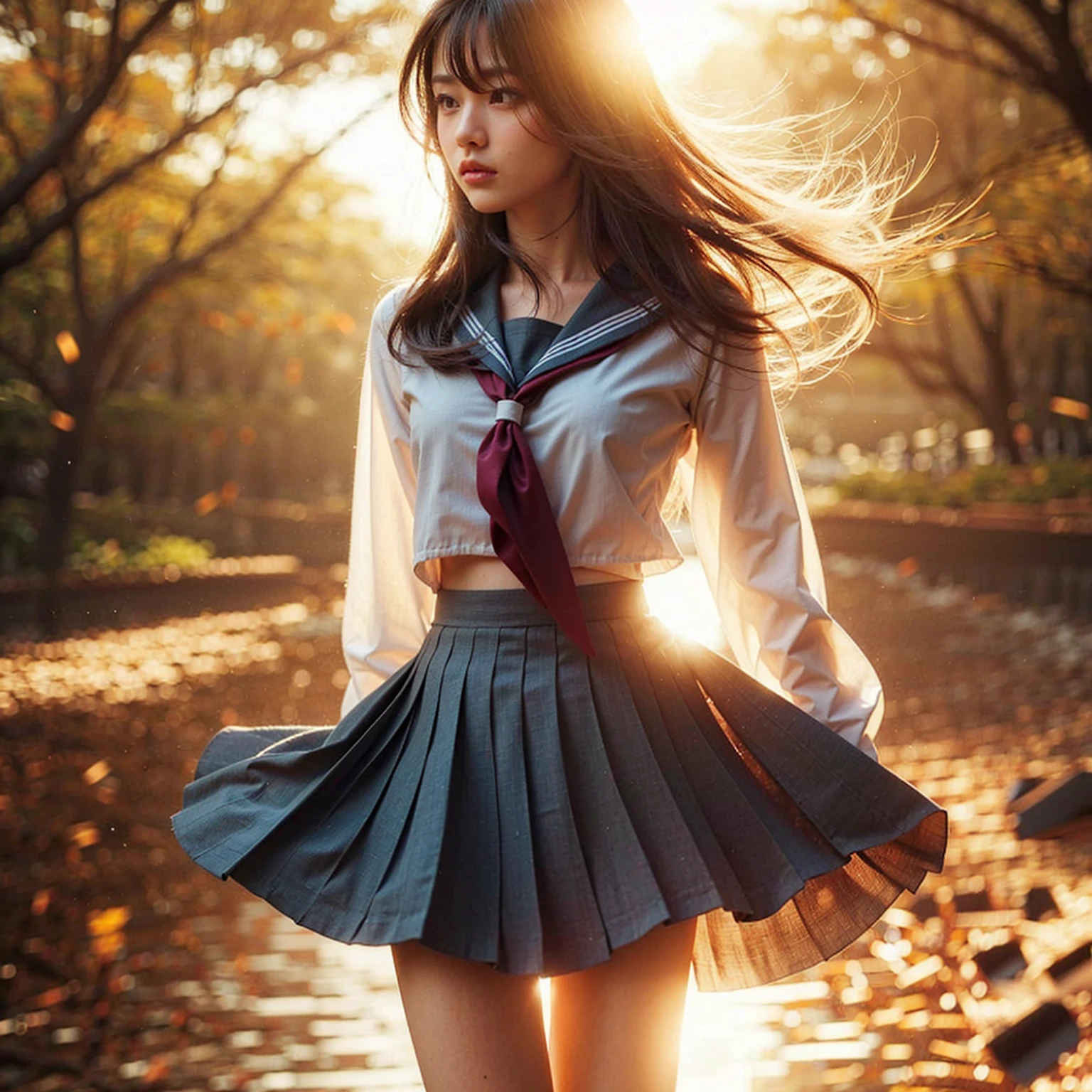 (masterpiece, best quality:1.2), (8k, uhd, ultra high res), professional lighting, (super intricate all details), (super realistic all textures), realistic photo, ultra sharp photo result, superrealism, Lakeside park with sunlight shining through the trees, (school uniform, shirt, skirt), japanese female, 17 years old, , skinny body, flat chest, (Tanned wheat skin:1.2), beautiful face, super detailed face, Dramatic poses with movement