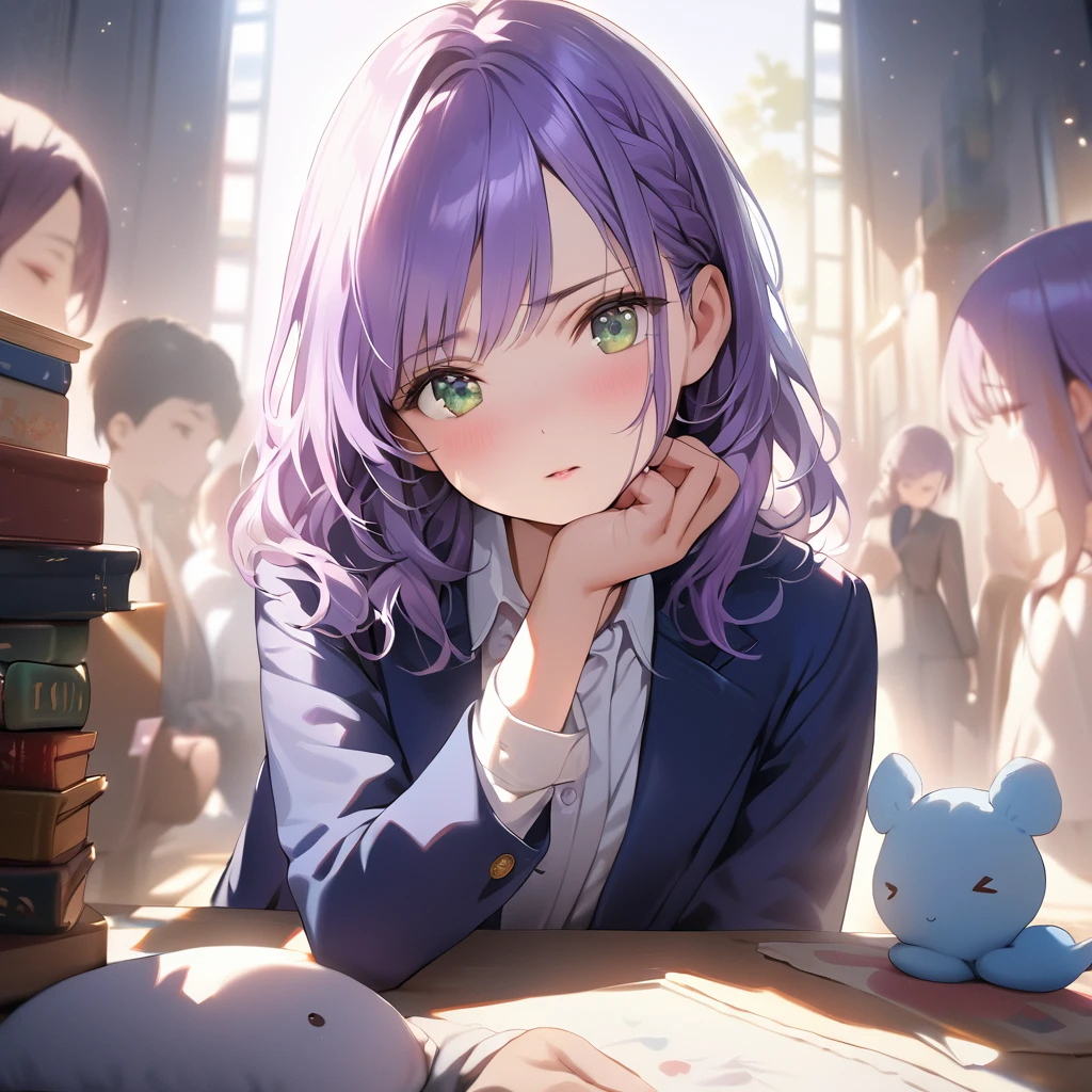 (Cute a girl:1.5), (masterpiece:1.3), anime visual,Women's navy blue business suit, blouse, blue-purple hair, braided, hair, green-eyed girl, (Lovey-dovey:1.5), (tilt head:1.3), extremely delicate face, soft clean focus, realistic lighting and shading, (an extremely delicate and beautiful art:1.3),she has a confused look on her face, a computer in her right hand and a girl's doll in her left hand, and a game console and books are lying at her feet,