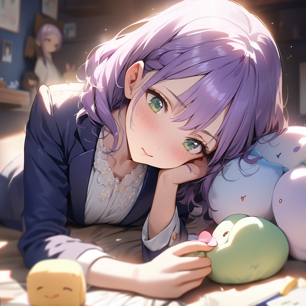 (Cute a girl:1.5), (masterpiece:1.3), anime visual,Women's navy blue business suit, blouse, blue-purple hair, braided, hair, green-eyed girl, (Lovey-dovey:1.5), (tilt head:1.3), extremely delicate face, soft clean focus, realistic lighting and shading, (an extremely delicate and beautiful art:1.3),she has a confused look on her face, a computer in her right hand and a girl's doll in her left hand, and a game console and books are lying at her feet,