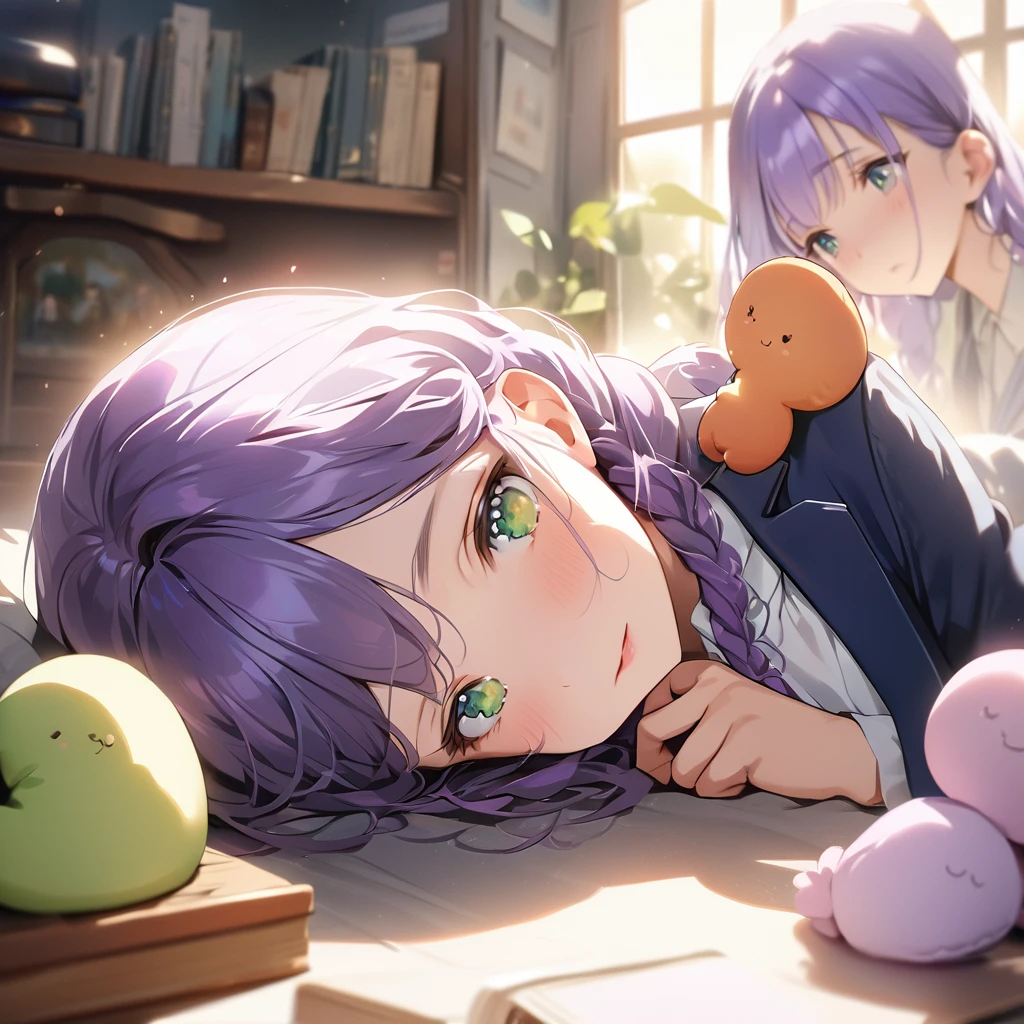 (Cute a girl:1.5), (masterpiece:1.3), anime visual,Women's navy blue business suit, blouse, blue-purple hair, braided, hair, green-eyed girl, (Lovey-dovey:1.5), (tilt head:1.3), extremely delicate face, soft clean focus, realistic lighting and shading, (an extremely delicate and beautiful art:1.3),she has a confused look on her face, a computer in her right hand and a girl's doll in her left hand, and a game console and books are lying at her feet,